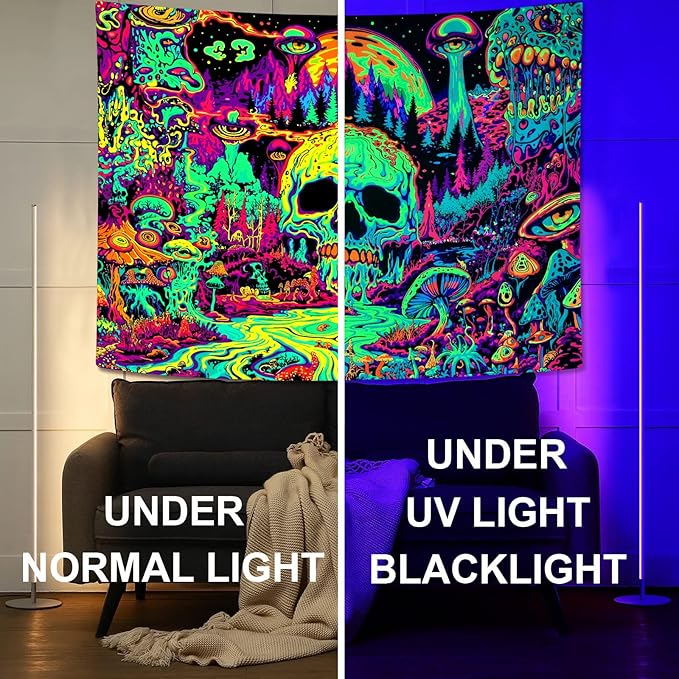 Zussun Blacklight Hippie Skull Mushroom Tapestry for Bedroom Aesthetic Hippy Forest Skeleton Monster Tapestries Wall Hanging Glow in The Dark Wall Tapestry for Living Room Dorm 48 × 36 Inch