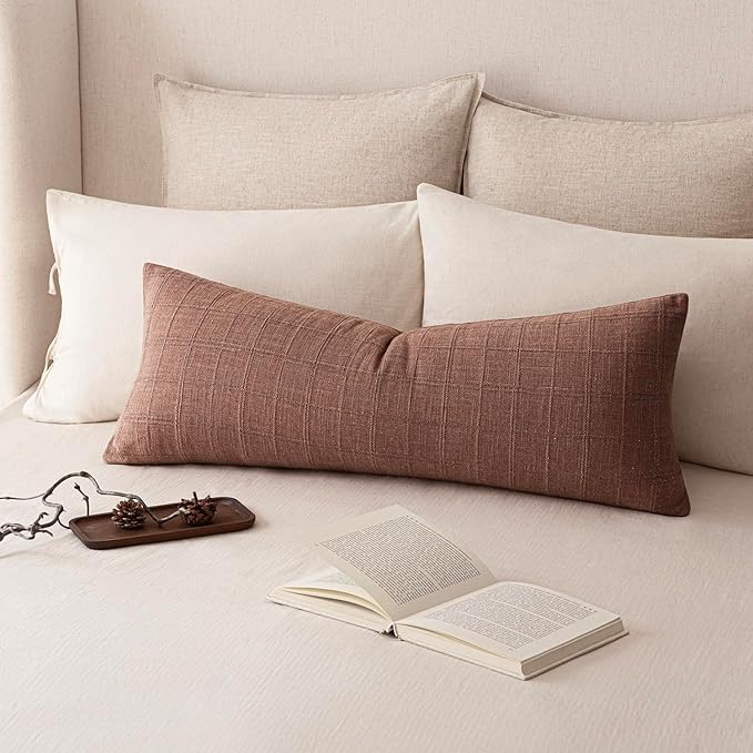 Foindtower Set of 2 Decorative Linen Check Throw Pillow Covers Neutral Farmhouse Vintage Cushion Covers Cozy Modern Boho Home Decor for Sofa Chair Couch Bedroom Living Room,14×36 Inch,Autumnal Red