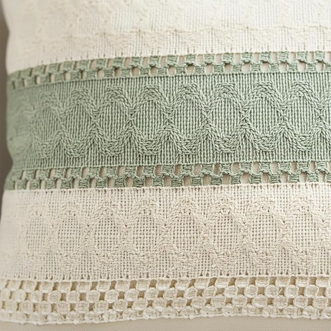 Set of 2 Sage Green Boho Throw Pillow Covers 18x18 Inch Decorative Cushion Covers for Couch Bed Sofa Chair Cotton Macrame Décor Decorations (Type A)