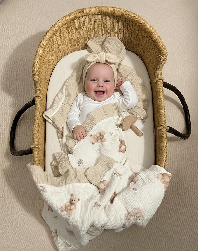 Muslin Ruffled Baby Blanket, Extra Large 52 x 52 Inches, Soft Breathable Cotton Crib Blanket for Newborn Infant Toddler (Sage-Ruffled, Printed)