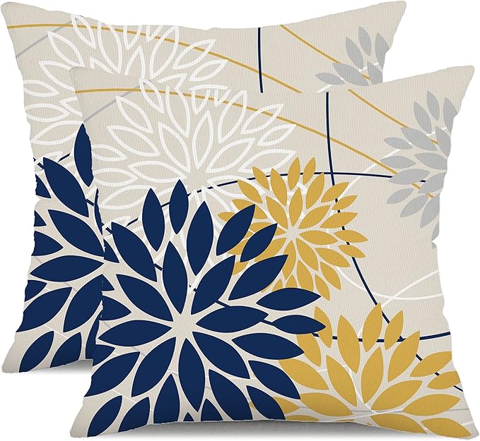 Outdoor Pillow Covers 18x18 Inch Set of 2 Navy Blue Yellow Outdoor Waterproof Decorative Throw Pillows Summer Spring Decor for Home Patio Funiture Garden Living Room Polyester Cushion Covers 01G18