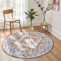 Lessymo 4FT Washable Round Area Rugs for Living Room, Non Slip Circle Rugs Low Pile Vintage Carpet for Bedroom, Dining Room, Nursery, Home Office, Brown Beige