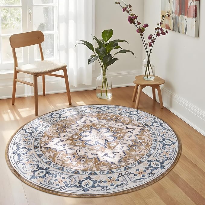 Lessymo 4FT Washable Round Area Rugs for Living Room, Non Slip Circle Rugs Low Pile Vintage Carpet for Bedroom, Dining Room, Nursery, Home Office, Brown Beige