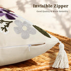 Floral Embroidered Pillow Covers 18x18 Inch Set of 1, White Daisy Decorative Throw Pillow Covers with Tassels, Spring Farmhouse Purple Flowers Cushion case for Couch Sofa Bed Living Room