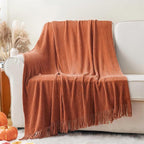 BATTILO HOME Rust Orange Throw Blanket for Couch, Soft Chenille Knit Throws with Tassels for Home Decor, Fall Caramel Throws for Couch Cover, 60"x80"