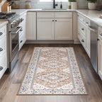 Lessymo 2 x 6 Runner Rug- Machine Washable Area Rugs Boho Faux Wool Low Pile Area Rug for Bedroom, Floral Medallion Vintage Rugs with Non-Slip Rubber,Brown Beige