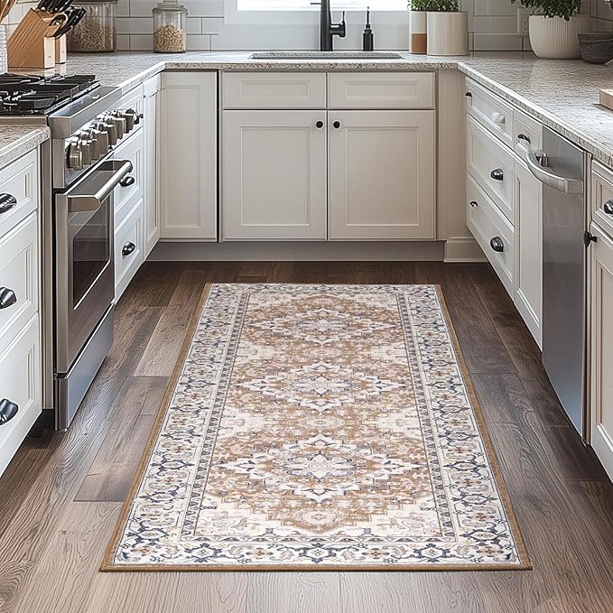 Lessymo 2 x 6 Runner Rug- Machine Washable Area Rugs Boho Faux Wool Low Pile Area Rug for Bedroom, Floral Medallion Vintage Rugs with Non-Slip Rubber,Brown Beige