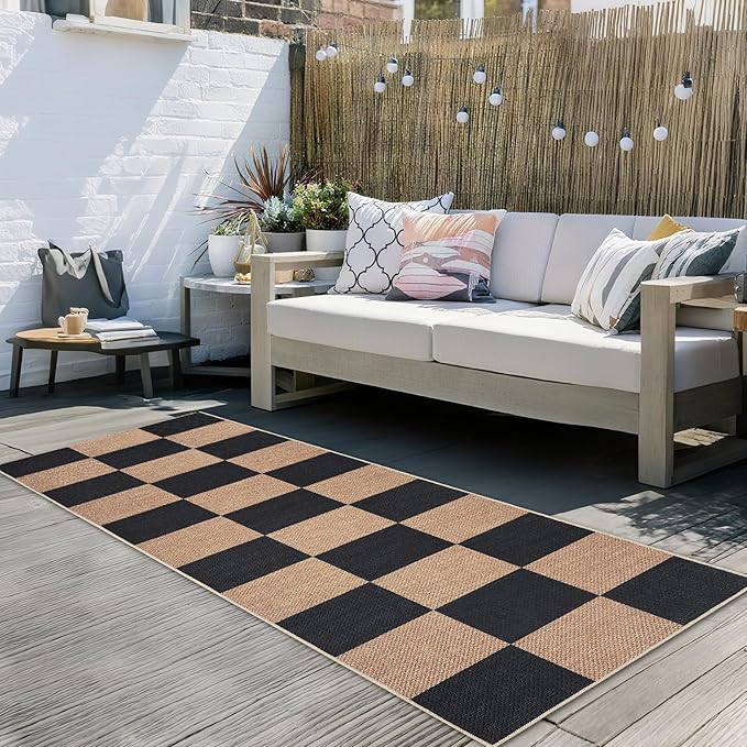 GarveeHome Easy Jute Rugs 2x8 Checkered Kitchen Runner Rugs Non Skid Washable Stain Resistant Indoor Outdoor Rugs for Living Room, Bedroom, Dining, Patio - Farmhouse Style Black Tan