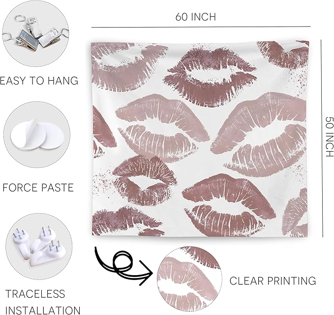 WNAGT Trendy Black and White Kiss Lips Tapestry Wall Hanging, Funky Makeup Wall Decor, Fashion Aesthetic Wall Blanket Decor for Girls Room College Dorm Makeup Room Beauty Room, 50x60 Inch