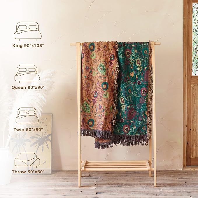Boho Throw Blanket for Bed 100% Cotton Soft Lightweight Quilt Home Decor Breathable Spring Bed Blanket,Floral Embroidery Reversible All Season Blankets for Sofa Couch Chair 90"x98"