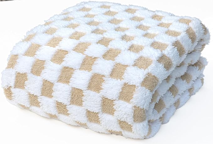 Beige & White Fuzzy Fuzzy Fun 3D Checkered Throw Blanket – Ultra Soft Shaggy Fleece for Cozy Comfort. Beautiful Gift for Women with Style 50 x 65 inches.