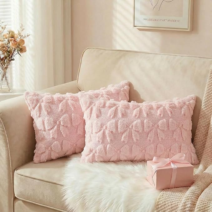 AVOIN colorlife Pink Spring Bow Throw Pillow Covers Set of 2, 12 x 20 Inch Coquette Aesthetic Room Decor Soft Plush Faux Fur Cushion Case for Girls Room