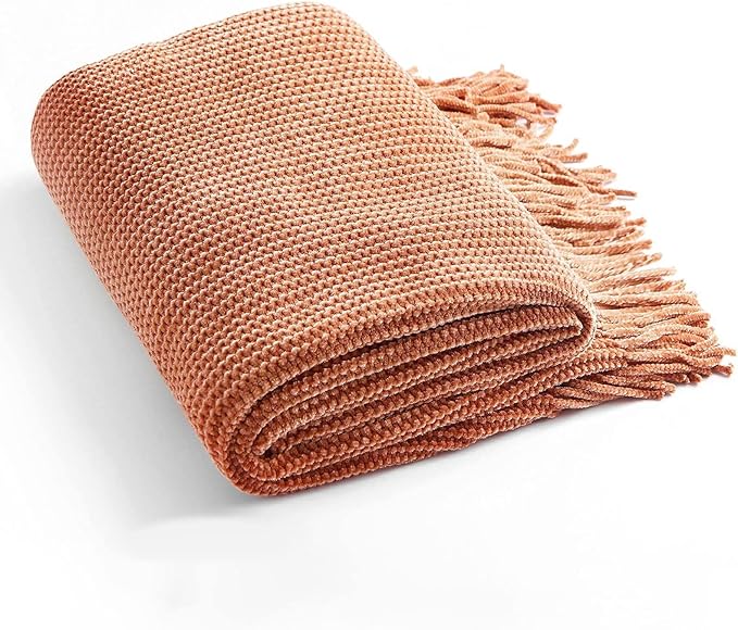 Blagic Knitted Throw Blanket for Couch Soft Farmhouse Boho Throw Blanket with Tassels Home Decorative Lightweight Throw Blankets,Maple Brown Throws for Bed/Chair/Sofa, Stripe Textured,60" W x 80" L