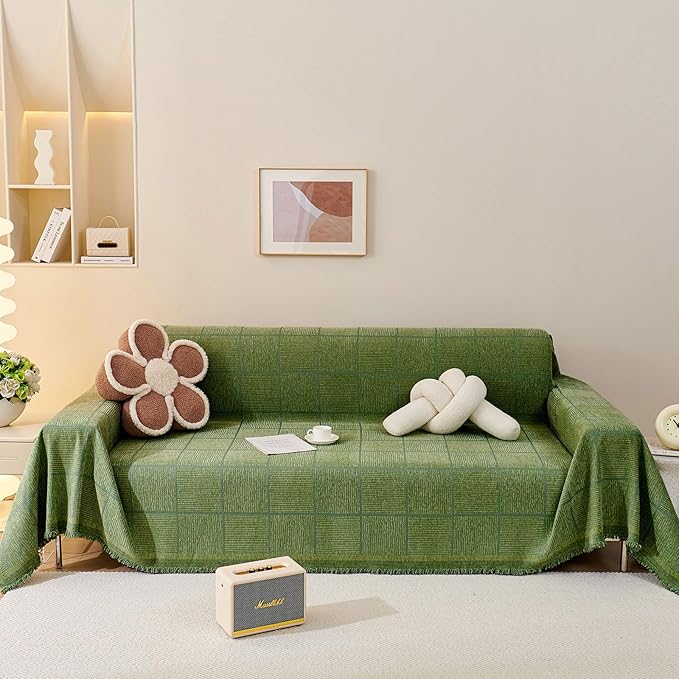 ROOMLIFE Sofa Covers for 3 Cushion Couch Boho Style Green Block Sectional Couch Covers Practical Futon Sofa Slipcover Versatile Couch Cover Blanket for Dogs Cats Couch Protector, 71"x134"
