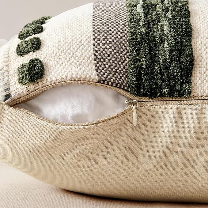 ANRODUO Pack of 1 Boho Decorative Throw Pillow Covers 18x18 Farmhouse Cushion Case Striped Chenille Pillow Cases Square Pillow Covers Accent Neutral Pillowcase for Sofa Couch Bed, Dark Green Stripe