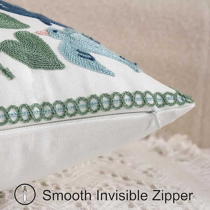 Tosleo Embroidered Pillow Covers 18x18 Pack of 2 Green and Navy Blue Leaves with Birds Embroidered Throw Pillow Covers Floral Tufted Pillowcases Spring Summer Decorative Coastal Pillow Cushion Cases