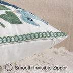 Tosleo Embroidered Pillow Covers 18x18 Pack of 2 Green and Navy Blue Leaves with Birds Embroidered Throw Pillow Covers Floral Tufted Pillowcases Spring Summer Decorative Coastal Pillow Cushion Cases