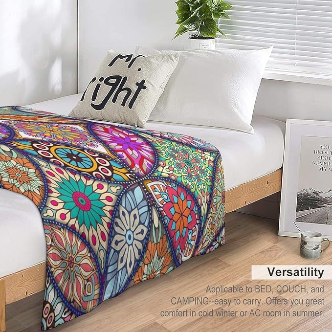 Boho Floral Throw Blanket Bohemian Colorful Mandala Flowers Print Theme Blanket for Sofa Bed Couch Chair Or Dorm 60"x80"