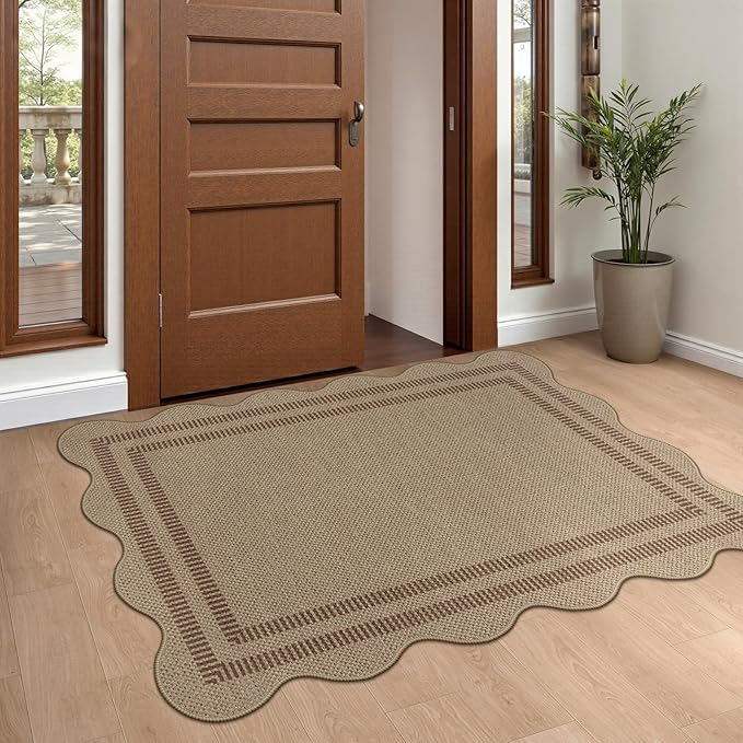 Easy Jute Front Door Mat, 2.6x4 Washable Entryway Rug Non Slip Small Kitchen Rug, Farmhouse Low Pile Floor Scalloped Rugs for Bathroom Porch Doorway