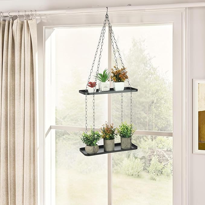 Shinehola Hanging Planters for Indoor Outdoor Plants (Length - 15.5"), Plant Hanger Indoor | Large Metal Hanging Plant Holder, 2-Tier Hanging Planter Shelf, No Plant/Pot Included (Black, 2-Tier)