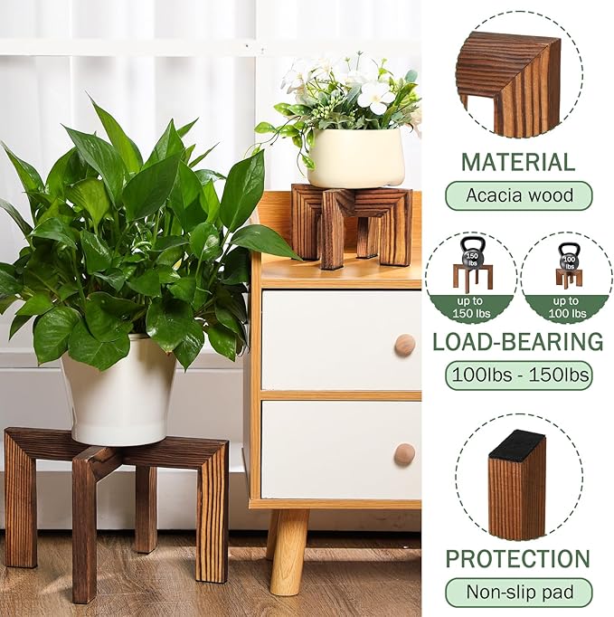 2 Pcs Wood Plant Stands Indoor Mid Century Modern Holders for Plants Wooden Flower Stands, Boho Rustic Wooden Stool for Plant Pot Holder(Large Fit 5-15 Inch Pot, Small Fit 3-8.2inch)