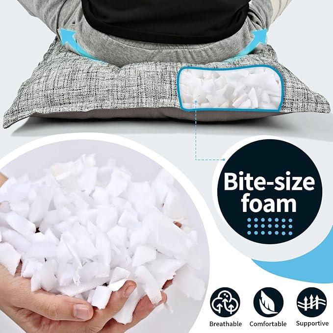 SINSOSSO Large Floor Pillows 22", Thickened Bite-Size Memory Foam Square Non-Slip Cushions for Office Back Support/Yoga/Chair Seat, Fashionable Color-Blocked Fabric & Washable, White-Gray, 2 PCS