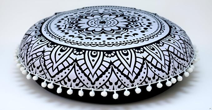 CRAFT KALA 22" Round Mandala Boho Pillow Cover Meditation Room Seating Poufs Cover for Living Room Yoga Room Home Bedroom Balcony Garden Party Decoration Cotton Floor Cushion Cover Black White Flower