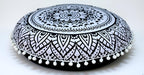 CRAFT KALA 22" Round Mandala Boho Pillow Cover Meditation Room Seating Poufs Cover for Living Room Yoga Room Home Bedroom Balcony Garden Party Decoration Cotton Floor Cushion Cover Black White Flower