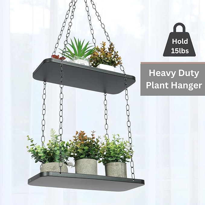Shinehola Hanging Planters for Indoor Outdoor Plants (Length - 15.5"), Plant Hanger Indoor | Large Metal Hanging Plant Holder, 2-Tier Hanging Planter Shelf, No Plant/Pot Included (Black, 2-Tier)