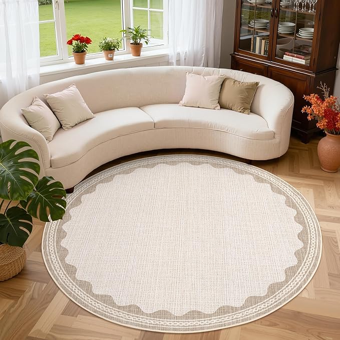 Scalloped Beige 4ft Round Rug Washable Non-Slip Soft Ultra-Thin Small Circle Modern Cottage Core Solid Carpet for Entryway Kitchen Bedroom Nursery Dining Room