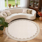 Scalloped Beige 4ft Round Rug Washable Non-Slip Soft Ultra-Thin Small Circle Modern Cottage Core Solid Carpet for Entryway Kitchen Bedroom Nursery Dining Room