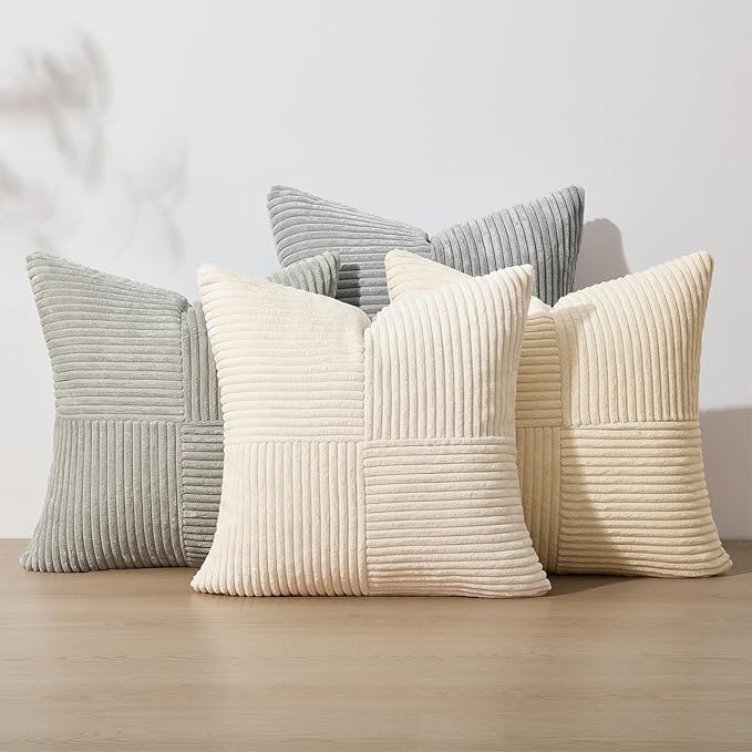 Topfinel Neutral Throw Pillow Covers for Couch,Nodic Mordern Cozy Cushion Cover Set of 4 with Corduroy,Soft Accent Pillowcases for Couch,Bed,Living Room Home Decor (16x16,Cream,White)