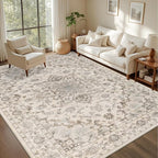 Area Rugs 9x12 Living Room Rug: Washable Rug Soft Vintage Distressed Floral Carpet Indoor Non-Slip Stain Resistant Large Carpets for Bedroom Dining Room Farmhouse Nursery Home Office Brown Beige