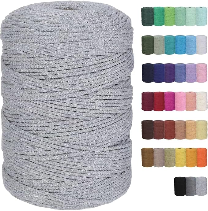 Cotton Macrame Cord 3mm 328yards Natural Colored Macrame Supplies, Soft Craft Cotton Rope for Plant Hanger Wall Hanger Dreamcatcher (Light Grey)