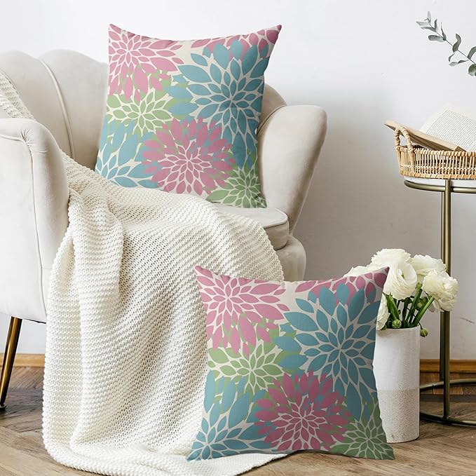 Blue Pink Green Spring Pillow Covers 22X22 Inch Set of 2, Modern Dahlia Floral Print Decorative Throw Pillow Covers Outdoor Farmhouse Cushion Case for Home Couch Sofa Bed Decoration