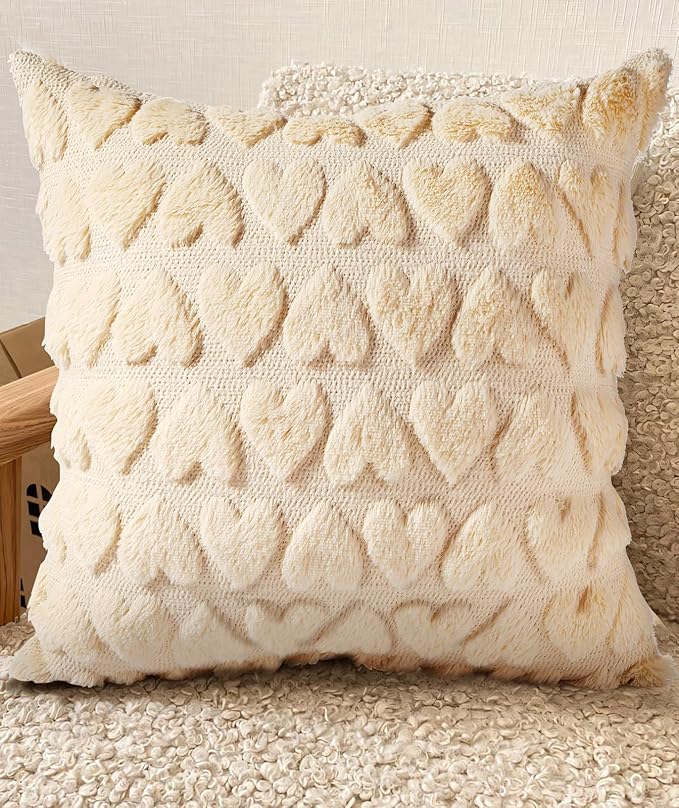 18x18 Throw Pillow Cover - Fluffy Plush Decorative Pillow Cover with Zipper Aesthetic Cute Design Soft Cozy Throw Pillowcase for Living Room Couch Sofa Bed, Beige Heart