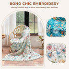 Boho Throw Blanket for Bed Cotton Spring Blankets for Bedroom Living Room Twin All Season Lightweight Floral Embroidery Quilt for Couch Sofa Chair 60"x80"