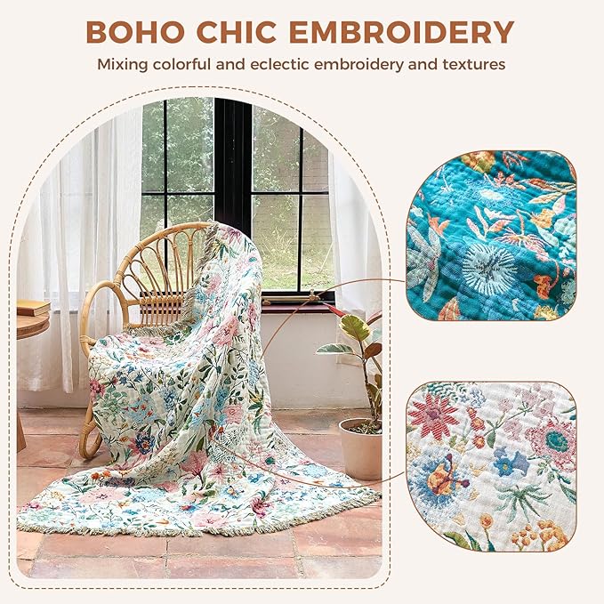 Boho Throw Blanket for Couch Sofa Chair Cotton Spring Blankets for Bedroom Living Room All Season Lightweight Reversible Floral Embroidery Throws 50"x60"