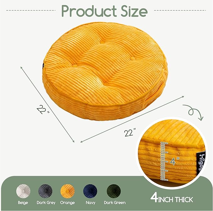 HIGOGOGO Floor Pillow Cushion for Adults, Meditation Cushion Pillow, Large Round Floor Sitting, Tufted Corduroy Cover, for Tatami Living Room or Yoga, 22x22 Inch, 2Pack, Orange