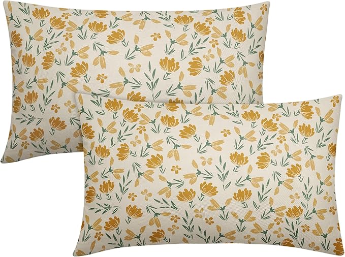 Green Yellow Floral Pillow Covers 12x20 Set of 2 Vintage Rustic Old Style Cute Small Flower Print Rectangle Decorative Outdoor Pillowcases Farmhouse Throw Cushion Case Decor for Couch Sofa Bed