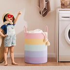 60L Hamper Laundry Basket for Baby Girls Kids Rainbow Nursery Hamper for Clothes Pastel Unicorn Woven Rope Blanket Basket for Toy in Playroom Bedroom 15Dx20H inches Large