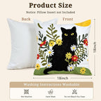 Embroidered Pillow Covers 18x18 Inch Set of 1, Black Cat and Floral Patterned Decorative Throw Pillow Covers Square Farmhouse Canvas Cushion Cases for Couch Sofa Bed Living Room Home Decor