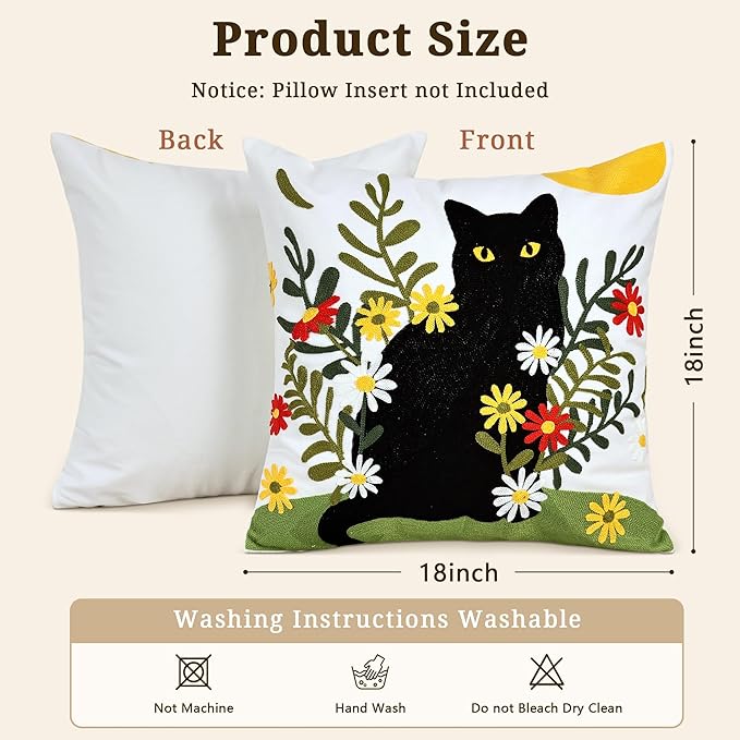 Embroidered Pillow Covers 18x18 Inch Set of 1, Black Cat and Floral Patterned Decorative Throw Pillow Covers Square Farmhouse Canvas Cushion Cases for Couch Sofa Bed Living Room Home Decor