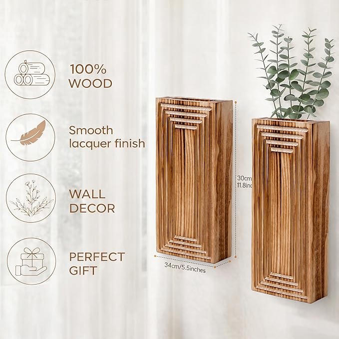Wooden Wall Planter Vase Set of 2,2 Pack Hanging Planter for Indoor Fake Plants Modern Boho Farmhouse Wall Art Decor for Home Indoor Kitchen Modern Farmhouse Bathroom Living Room Dining Room
