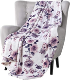 Decorative Floral Fleece Throw Blanket: Velvety Soft Plush Rose Flower Accent for Couch or Bed, Blush Pink Purple Navy Blue Grey on White, Oversized 50" x 70" Inches