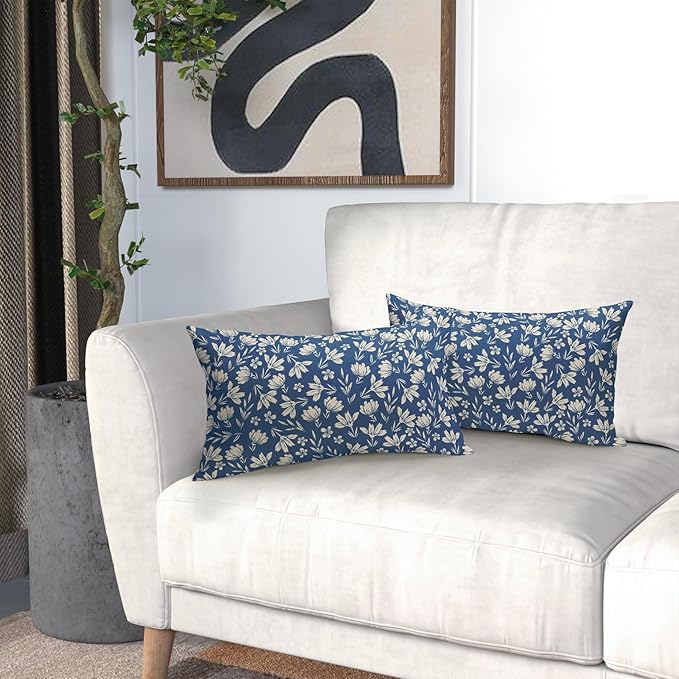 Blue Pillow Covers 12x20 Set of 2 Vintage Floral Rustic Old Style Cute Flower Print Rectangle Decorative Outdoor Pillowcases Seasonal Farmhouse Throw Cushion Case Couch Sofa Bed Decor