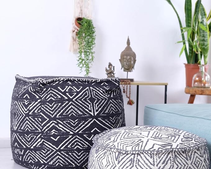 Mandala Life Art Pouf Ottoman - 20x20x20" - Foot Rest Stool - Black Cube