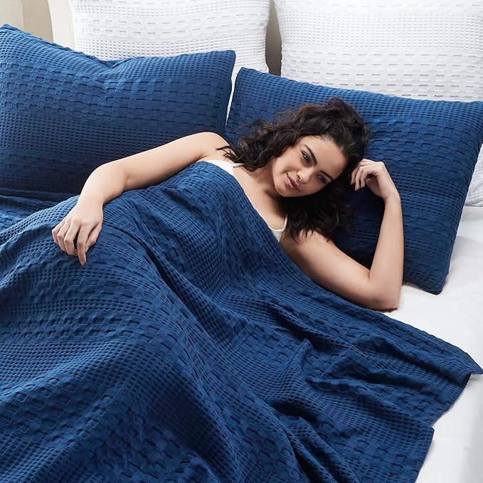 VHC Brands 100% Cotton Waffle Weave Twin Blanket 66"x90", Decorative Lightweight Spring and Summer Throw Blanket, Bedroom Decor for Bed, Couch, or Sofa, Navy