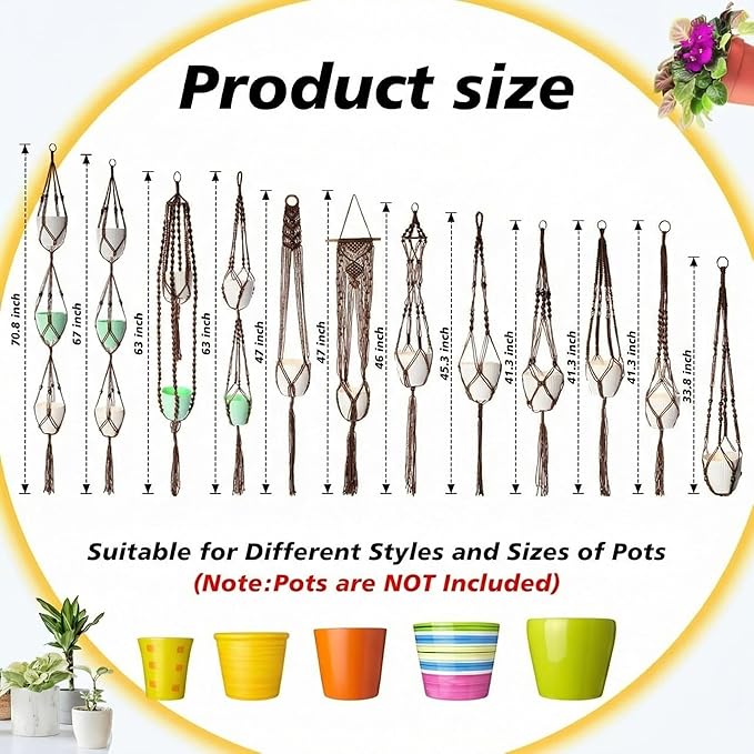 SATINIOR 12 Pcs Macrame Plant Hangers Handmade Boho Hanging Planters 12 Different Tiered Designs with 12 Hooks for Flower Pots Indoor Outdoor Decorative Wall Hanging Baskets for Home(Classic,Brown)