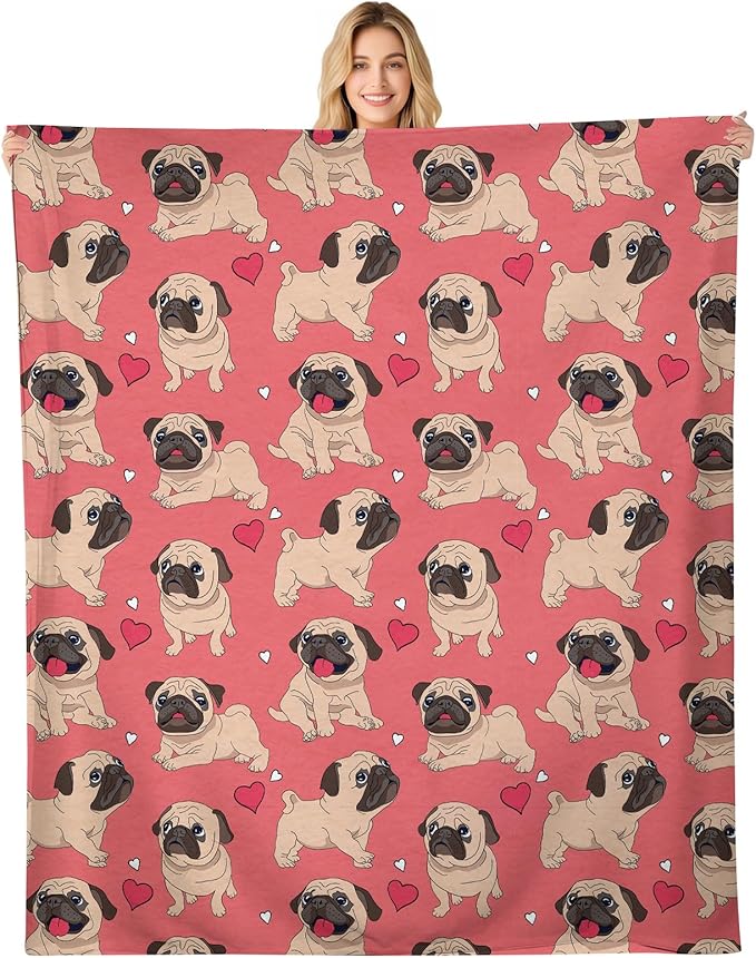 Throw Blanket for Couch, 300GSM Warm Soft Cozy Flannel Blanket, Cute Blanket for All Seasons Bedroom Home Decor Gifts, Pink Funny Dogs 50x60 Inches